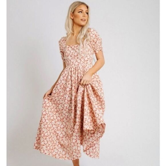 Free People She's A Dream Midi Dress 6 Floral Pink Red Yellow Botanical - Picture 2 of 5